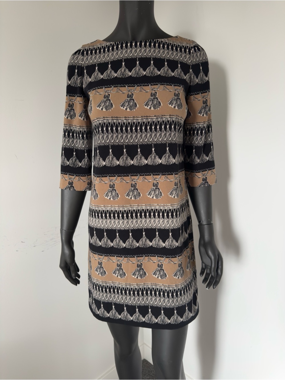 189. Weekend MaxMara Vintage Black and Tan Tassel-Print Shift Dress